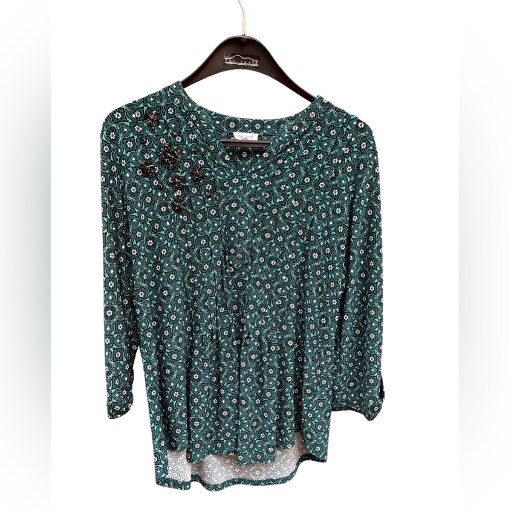 WESTPORT- lightweight, floral blouse with black sequin flowers. Size-XL